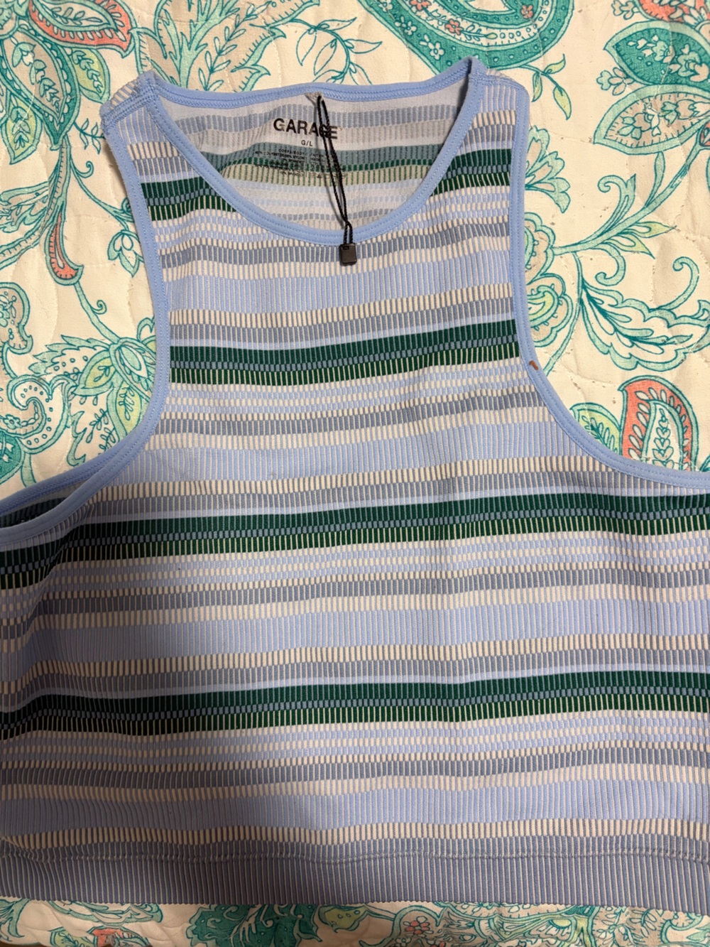 Garage Light Blue, White & Green Striped Ribbed Crop Bodysuit